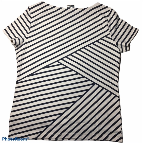 Karen Scott Boatneck Diagonal Stripes Naval Short Sleeve Top White Navy Medium - Picture 2 of 6